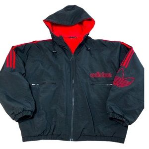 Vtg 90's Adidas Puffer Jacket 3 Stripe Mens Size Large Black/Red Trefoil Logo